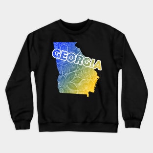 Colorful mandala art map of Georgia with text in blue and yellow Crewneck Sweatshirt